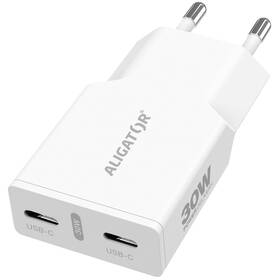 Nabíječka do sítě Aligator Power Delivery 30W, 2×USB-C, SLIM bílá

