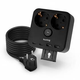 Kabel prodlužovací Huslog 15W 2xzásuvka, 2xUSB-C, 2xUSB, 1x držák na telefon černý

