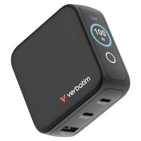Cestovní adaptér Verbatim Mini GaN LCD, 2x USB-C PD 100 W, 1x USB-A QC 3.0, černá černý

