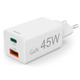 Nabíječka do sítě Hama GaN USB-C + USB-A, PD/QC, 45 W bílá

