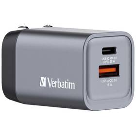 Cestovní adaptér Verbatim GNC-35 GaN 35W, 1x USB-C PD 35W, 1x USB-A QC 3.0 stříbrný

