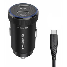Adaptér do auta Swissten 2x USB-C PD, 20W + USB-C kabel 1m černý

