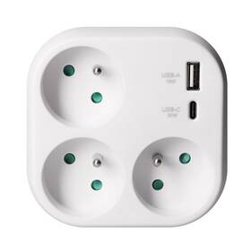 Rozbočovací zásuvka Solight 3x16A, USB A+C rychlonabíječka 20W bílá

