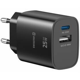Nabíječka do sítě Swissten EDGE GaN 1x USB-C PD 25W/1x USB-A 18W QC černá

