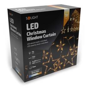 Vánoční osvětlení Solight závěs - hvězdy, šíře 1,8m, 77LED, IP20, 3xAA, USB 

