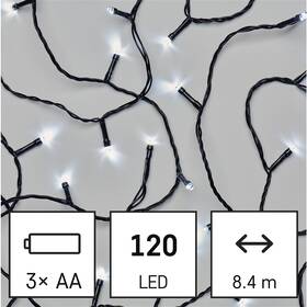 Vánoční osvětlení EMOS 120 LED řetěz, 8,4 m, 3x AA, venkovní i vnitřní, studená bílá, časovač 

