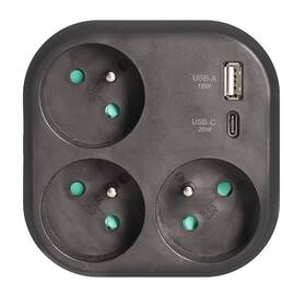 Rozbočovací zásuvka Solight 3x16A, USB A+C rychlonabíječka 20W černá

