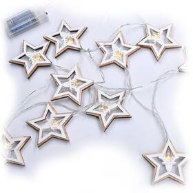 Vánoční osvětlení Solight řetěz - hvězdy, 10x LED, dřevo, 1,5m, 2x AA 

