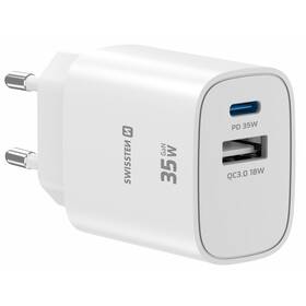 Nabíječka do sítě Swissten EDGE GaN 1x USB-C PD 35W/1x USB-A 18W QC bílá

