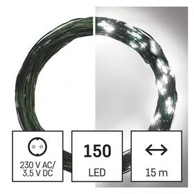 Vánoční osvětlení EMOS 150 LED nano řetěz zelený, 15 m, venkovní i vnitřní, studená bílá, časovač 


