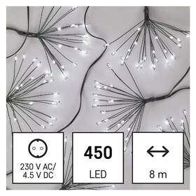 Vánoční osvětlení EMOS 450 LED řetěz - svítící trsy, nano, 8 m, vnitřní, studená bílá, časovač 

