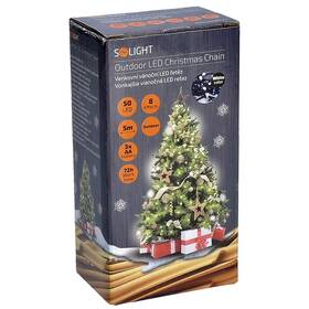 Vánoční osvětlení Solight řetěz, 50LED, 5+3 m, 8 funkcí, IP44. 3x AA, studená bílá 

