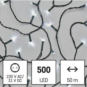 LED řetěz EMOS 500LED řetěz, 50 m, venkovní i vnitřní, studená bílá, programy, časovač 

