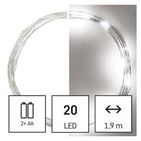 Vánoční osvětlení EMOS 20 LED nano řetěz, 1,9 m, 2x AA, vnitřní, studená bílá, časovač 


