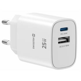 Nabíječka do sítě Swissten EDGE GaN 1x USB-C PD 25W/1x USB-A 18W QC bílá


