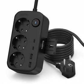 Kabel prodlužovací Huslog 15W 3xzásuvka, 2xUSB-C, 2xUSB, 1x držák na telefon černý

