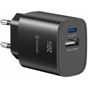 Nabíječka do sítě Swissten EDGE GaN 1x USB-C PD 20W/1x USB-A 18W QC černá

