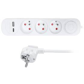 Kabel prodlužovací Solight 3x zásuvka, USB A+C, vypínač, 2 m bílá barva
