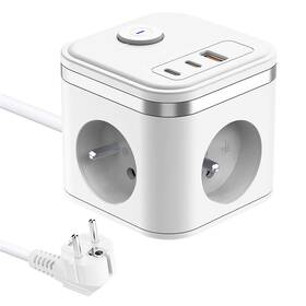 Kabel prodlužovací Viking YC33W, 3x zásuvka, 1x USB-A, 2x USB-C, vypínač, 1,4 m bílý

