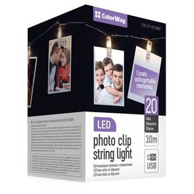 LED fotokolíčky ColorWay 20 kolíčků, délka 3m, USB, teplá bílá 

