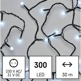 LED řetěz EMOS 300LED cherry řetěz - kuličky, 30 m, venkovní i vnitřní, studená bílá, programy, časovač 

