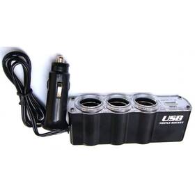 Adaptér do auta WG 3x 12V + USB s prodloužením černý

