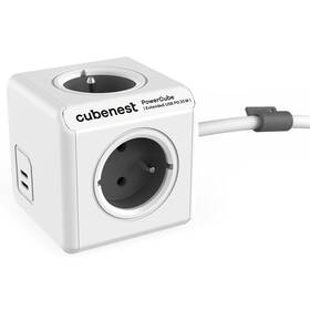Kabel prodlužovací Cubenest PowerCube Extended USB PD 35W, 2x USB-C, 4x zásuvka, 1,5m šedý/bílý

