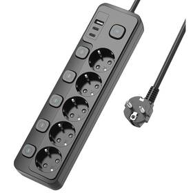 Kabel prodlužovací Viking 5× zásuvka, 1× USB, 2× USB-C, 1,5m černý

