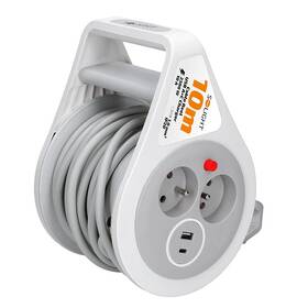 Kabel prodlužovací na bubnu Solight 2 zásuvky, USB A+C, 10m, 3x 1,0mm2 šedý/bílý


