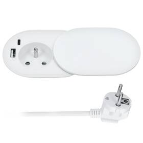 Kabel prodlužovací Solight 1x zásuvka, USB A+C 20W, posuvné víčko, 2 m bílý

