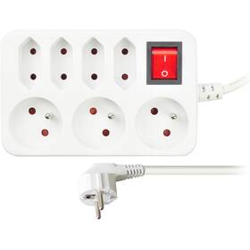 Kabel prodlužovací Solight 7x zásuvka (4x 2,5A + 3x 10A) vypínač, 2 m bílý

