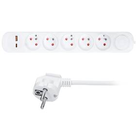 Kabel prodlužovací Solight 5 zásuvek, USB A+C 20W PD, vypínač, 3 x 1mm2, 3 m bílý

