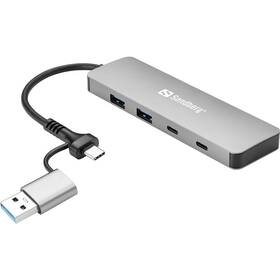 USB Hub Sandberg USB-C/A, 2× USB-A + 2× USB-C stříbrný

