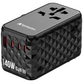 Cestovní adaptér Verbatim UTA-10 GaN III, 140W, 3x USB-C, 1xUSB černý

