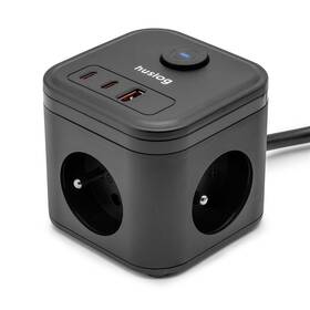 Kabel prodlužovací Huslog 20W 3xzásuvka, 2xUSB-C, 1xUSB černý

