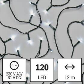 LED řetěz EMOS 120LED řetěz, 12 m, venkovní i vnitřní, studená bílá, programy, časovač 

