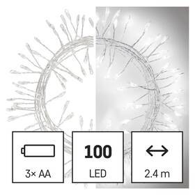 Vánoční osvětlení EMOS 100 LED nano řetěz - ježek, 2,4 m, 3x AA, vnitřní, studená bílá, časovač 

