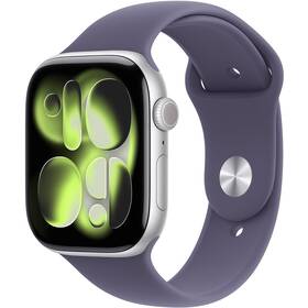 Chytré hodinky Apple GPS 46mm stříbrný hliník - mlžně fialový sportovní řemínek - S/M 
