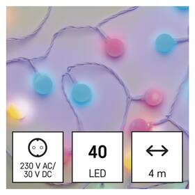 Vánoční osvětlení EMOS 40 LED cherry řetěz - kuličky 2,5 cm, 4 m, venkovní i vnitřní, multicolor, časovač 

