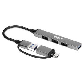 USB Hub PORT CONNECT USB-A/USB-C, 1x USB 3.0 + 3x USB 2.0 stříbrný

