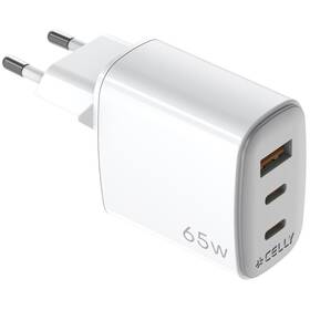 Nabíječka do sítě Celly 2x USB-C/USB-A, GaN, 65 W bílá barva
