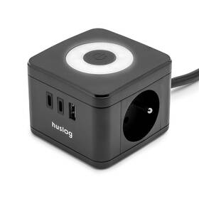 Kabel prodlužovací Huslog 12W 2xzásuvka, 2xUSB-C, 1xUSB černý

