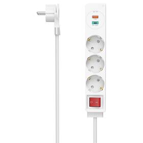 Kabel prodlužovací Hama 3x zásuvka schuko, 1x USB, 1xUSB-C, vypínač, 1,4 m bílý


