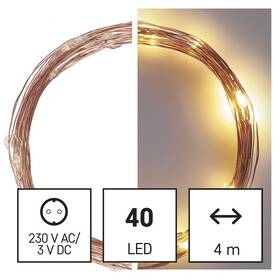 Vánoční osvětlení EMOS 40 LED nano řetěz měděný, 4 m, venkovní i vnitřní, teplá bílá, časovač 

