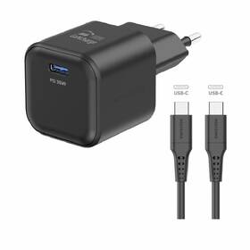 Nabíječka do sítě Swissten GAN 1x USB-C 35W PD + Datový kabel USB-C/USB-C 1,2 M černá

