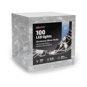 Vánoční osvětlení Solight řetěz stříbrný, 100x mini LED, 10m, 3 x AA, studená bílá 

