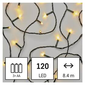 Vánoční osvětlení EMOS 120 LED řetěz, 8,4 m, 3x AA, venkovní i vnitřní, teplá bílá, časovač 

