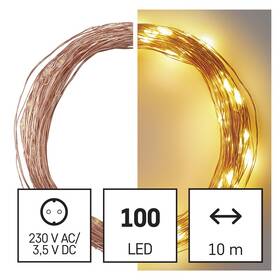 Vánoční osvětlení EMOS 100 LED nano řetěz měděný, 10 m, venkovní i vnitřní, teplá bílá, časovač 
