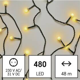 LED řetěz EMOS 480LED cherry řetěz - kuličky, 48 m, venkovní i vnitřní, teplá bílá, programy, časovač 

