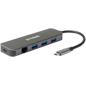 USB Hub D-Link 5v1 z USB-C na Gigabit Ethernet a funkcí Power Delivery šedý

